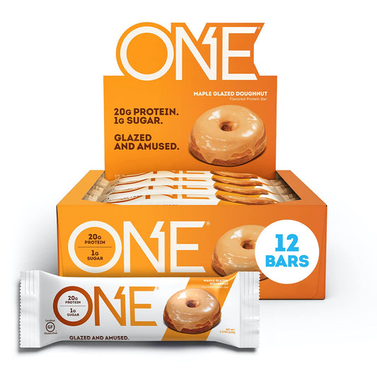ONE Protein Bars, Maple Glazed Doughnut, Gluten Free Protein Bars with 20g Protein and only 1g Sugar, Snacking for High Protein Diets, 60g (12 Pack) [Packaging May Vary] - Available at All In One Marketplace Canada