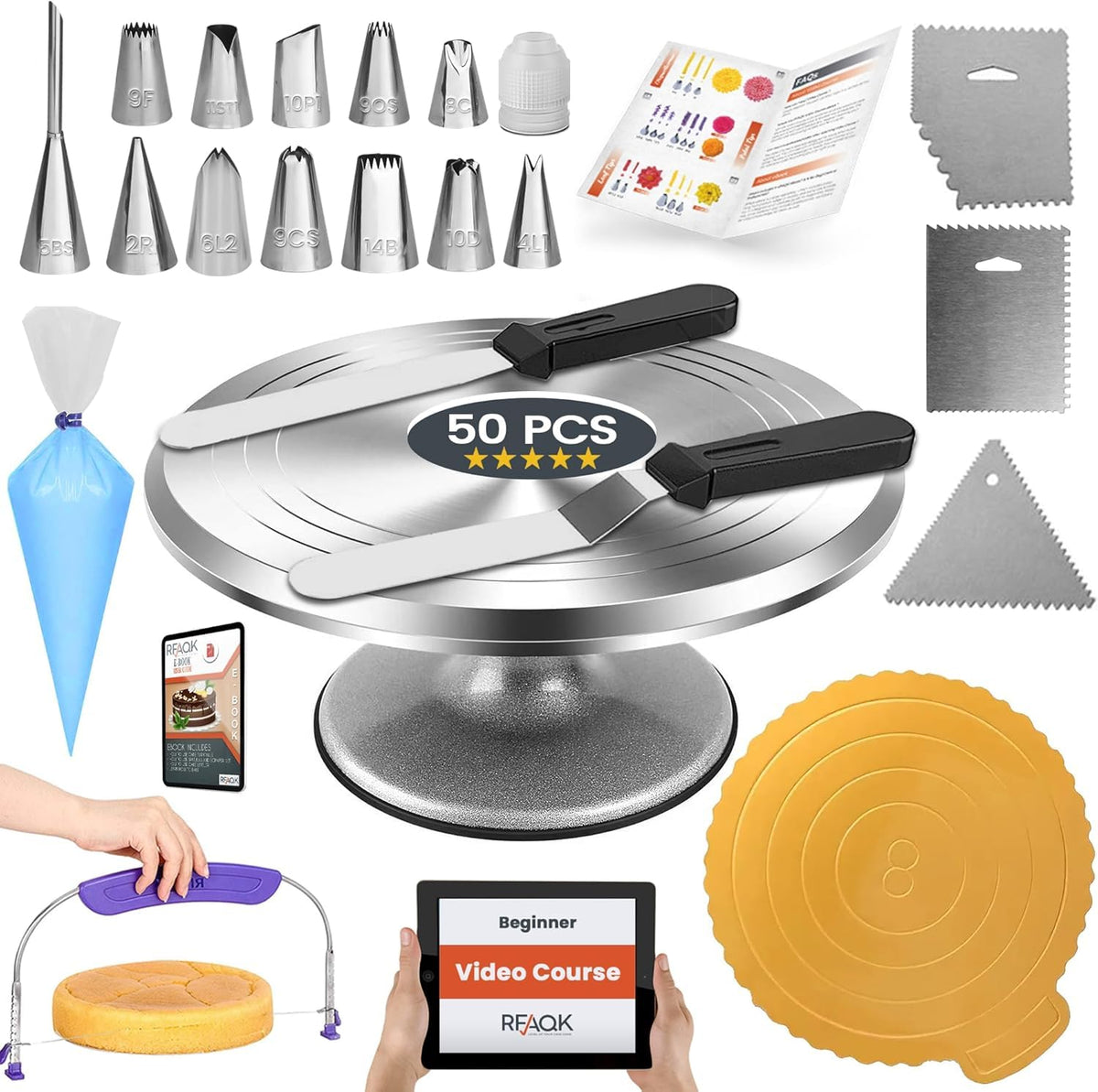 RFAQK 50PCs Cake Turntable Set - 12" Aluminium Alloy Cake Decorating Turntable- Professional Cake Decorating Kit with Straight & Offset Icing Spatula-Numbered Icing Nozzles & Bags- Cake Leveler 🍁 All In One Marketplace Canada