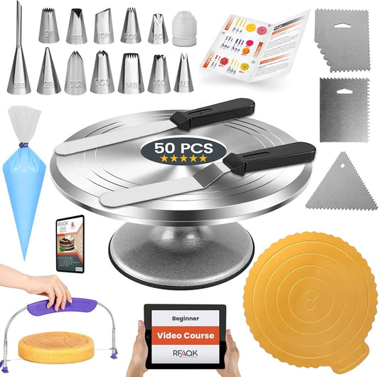 RFAQK 50PCs Cake Turntable Set - 12" Aluminium Alloy Cake Decorating Turntable- Professional Cake Decorating Kit with Straight & Offset Icing Spatula-Numbered Icing Nozzles & Bags- Cake Leveler 🍁 All In One Marketplace Canada