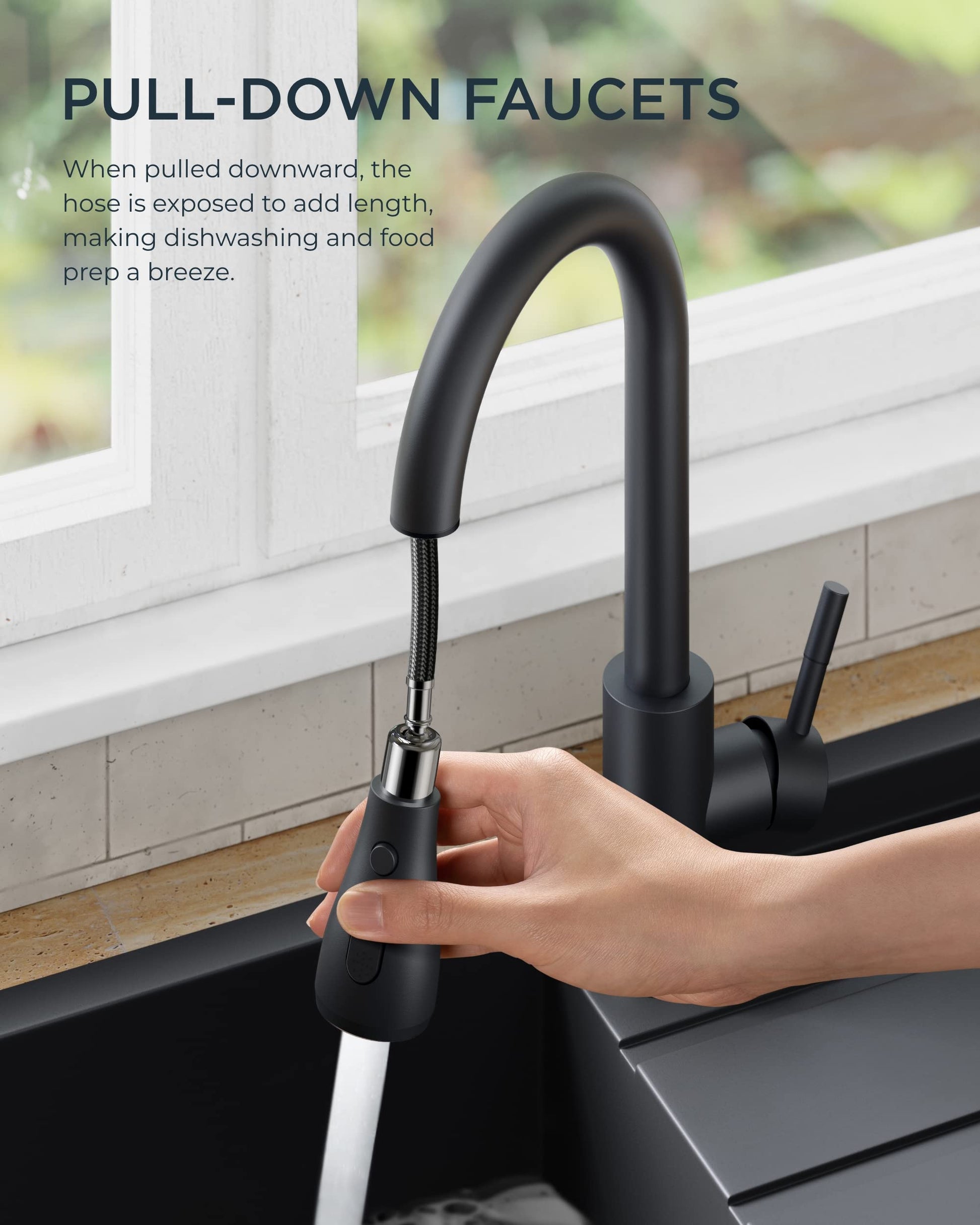 FORIOUS Black Kitchen Faucets with Pull Down Sprayer, Kitchen Sink Faucet with Pull Out Sprayer, Fingerprint Resistant, Single Hole Deck Mount, Single Handle Copper Kitchen Faucet, Matte Black