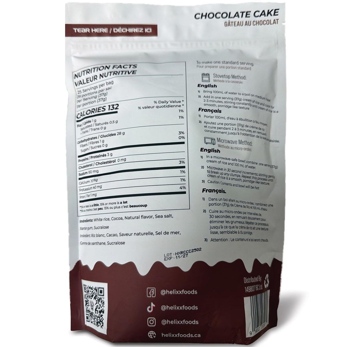 Helixx Foods, Cream of Rice, Chocolate Cake, Product of Canada, 925g/2.03lbs