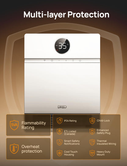 DREO Smart Wall Heater, IP24 Electric PTC Space Heater for Indoor Use, 30° Oscillation, Adjustable Thermostat, Remote Control, Works with Alexa, 24H Timer, Easy-mounted Heater for Bedroom, Office