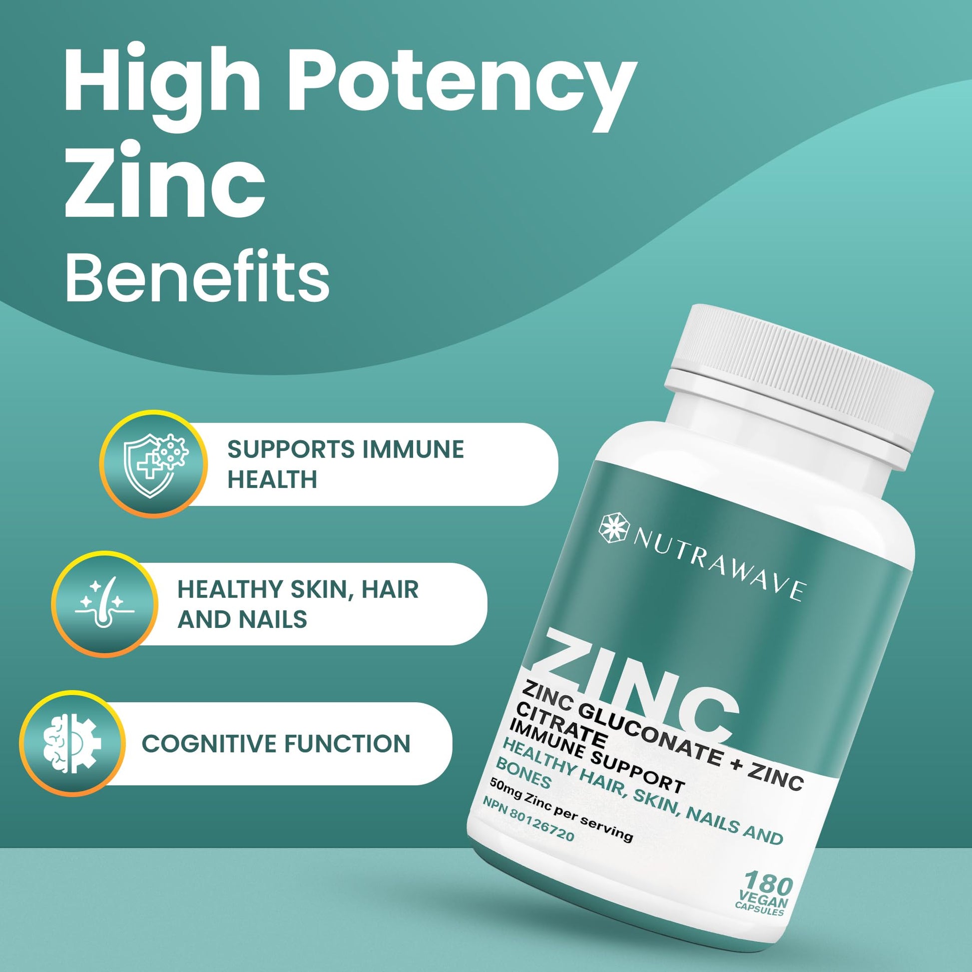 Nutrawave 2-IN-1 Zinc Supplements, High Absorption Formula 50 mg Zinc Gluconate + Zinc Citrate Chelated Stomach-Friendly Immune Booster, Healthy Skin, Hair, Nails & Bones, For Men & Women, Vegan, 6-Month Supply - Available at All In One Marketplace Canada