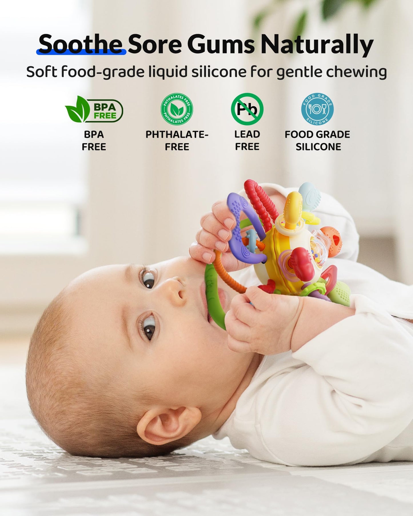 Infinno Baby Teething Toy for 3-12 Months with Pull Ring Spinner