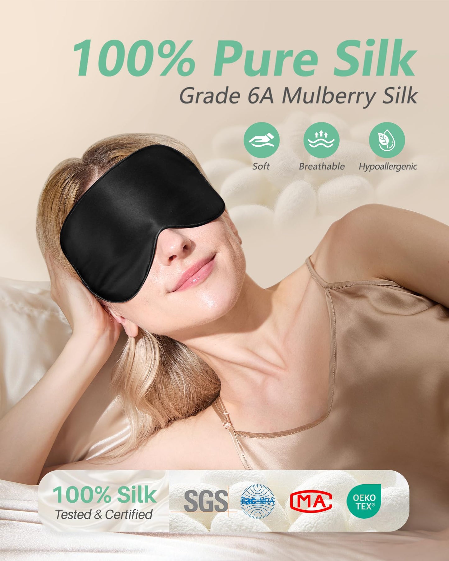 BeeVines Silk Sleep Mask for Men, 2 Pack 100% Natural Mulberry Silk Eye Mask with Adjustable Strap, Sleeping Aid Blindfold for Nap, Soft Eye Sleep Shade Cover, 100% Blocks Light Reduces Puffy Eyes (Black)