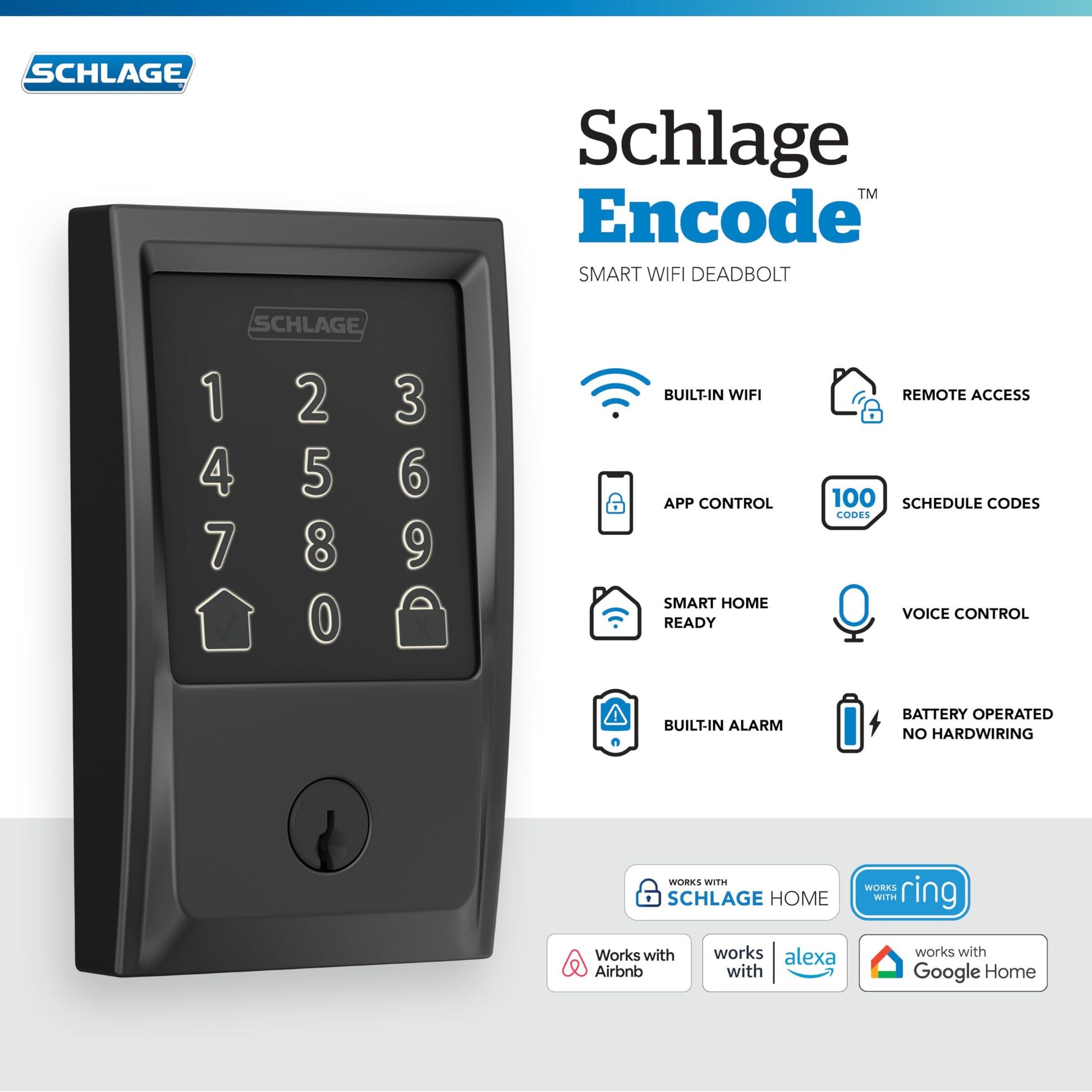 Schlage Encode Smart WiFi Deadbolt Lock with Greenwich Trim, Matte Black SCHLAGE
