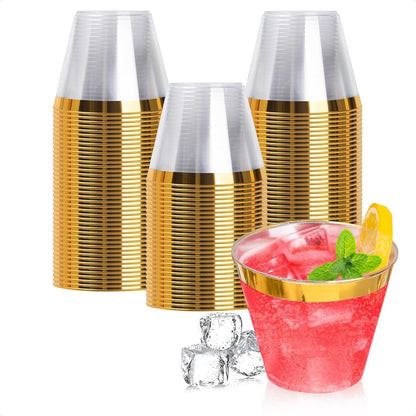 Goodluck 100PCS 9oz Gold Plastic Cups, Clear Plastic Cups with Gold Rim 🍁 All In One Marketplace Canada
