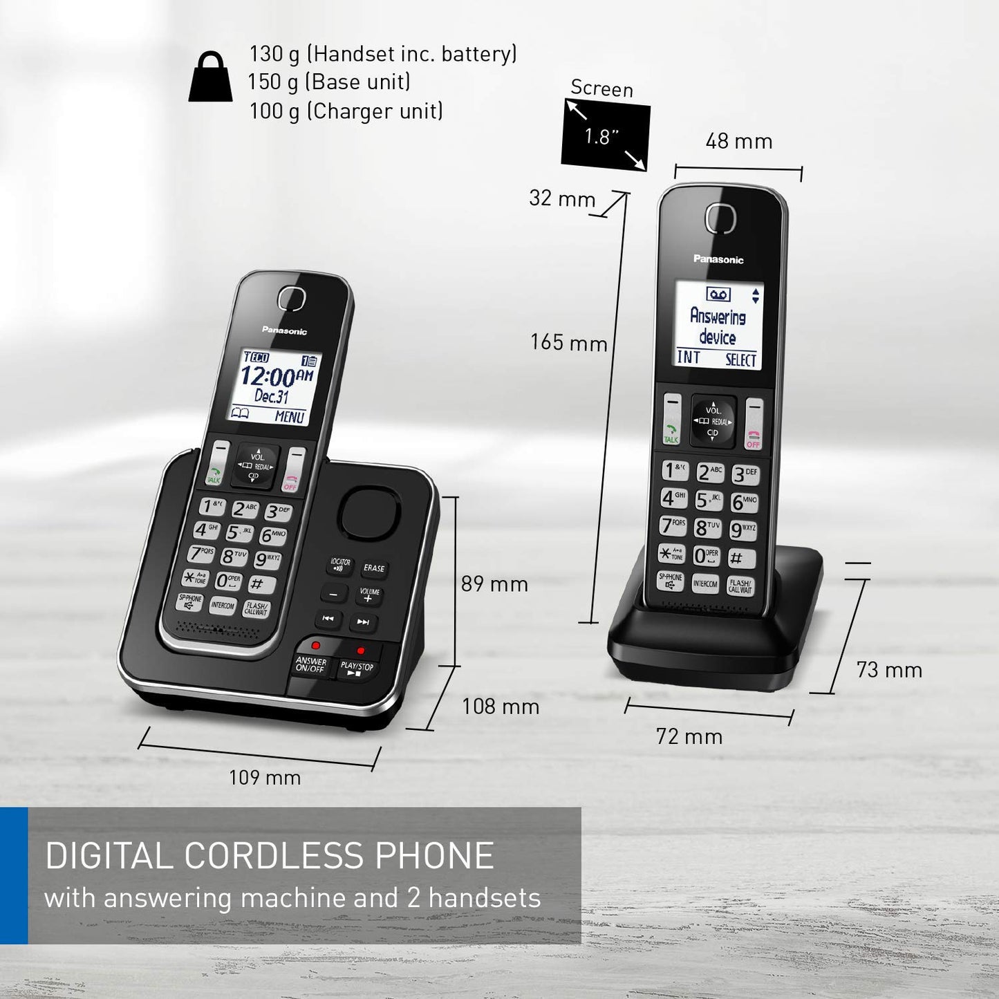 Panasonic DECT 6.0 Expandable Cordless Phone with Answering Machine and Call Block - 2 Cordless Handsets - KX-TGD392CB (Black)
