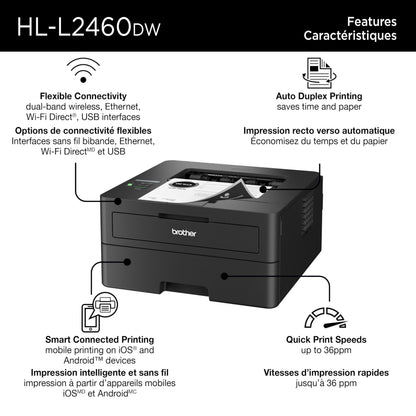 Brother HL-L2460DW Wireless Monochrome Laser Printer for Home Office –Duplex on Ink & Toner with a Refresh Subscription - Available at All In One Marketplace Canada
