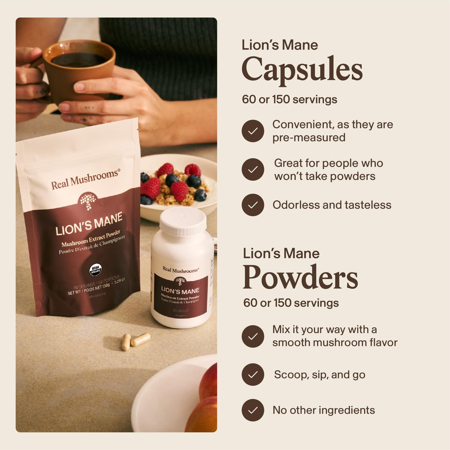 Real Mushrooms Lions Mane Capsules- Organic Mushroom Extract With Immunomodulating Properties Antioxidants - Vegan Supplement, 300 Capsules - Available at All In One Marketplace Canada