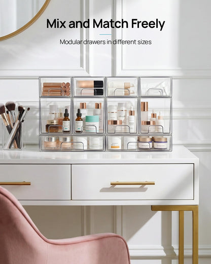 Vtopmart 4 Pack Stackable Makeup Organizer Storage Drawers, Acrylic Bathroom Organizers，Clear Plastic Storage Bins For Vanity, Undersink, Kitchen Cabinets, Pantry, Home Organization and Storage