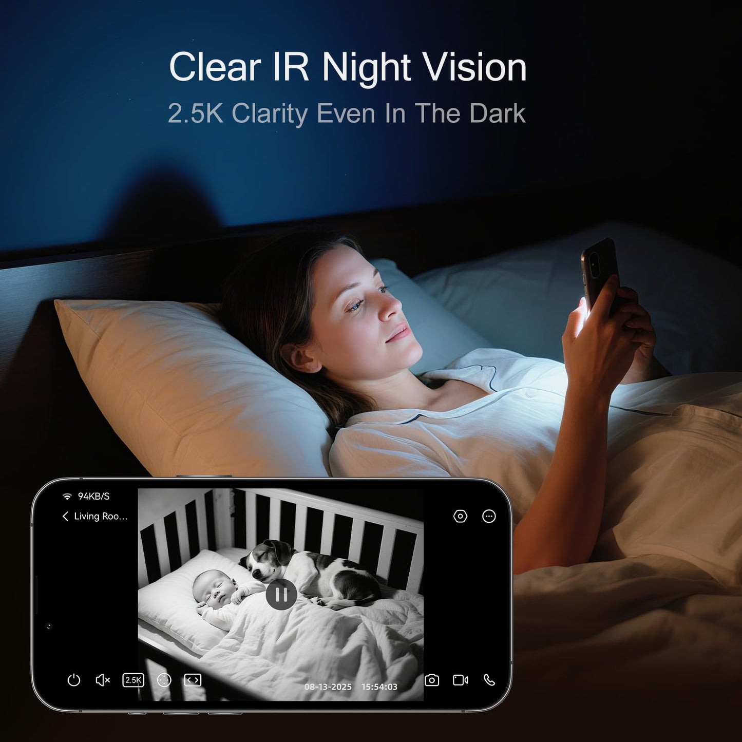 CINMOORE 2.5K Camera Surveillance Interieur, Indoor Security Cam, Free AI Pet/Person/Cry Detection, 4MP Pet Camera with Phone App Pan Tilt 2.4GHz WiFi, Night Vision, Full Duplex Audio