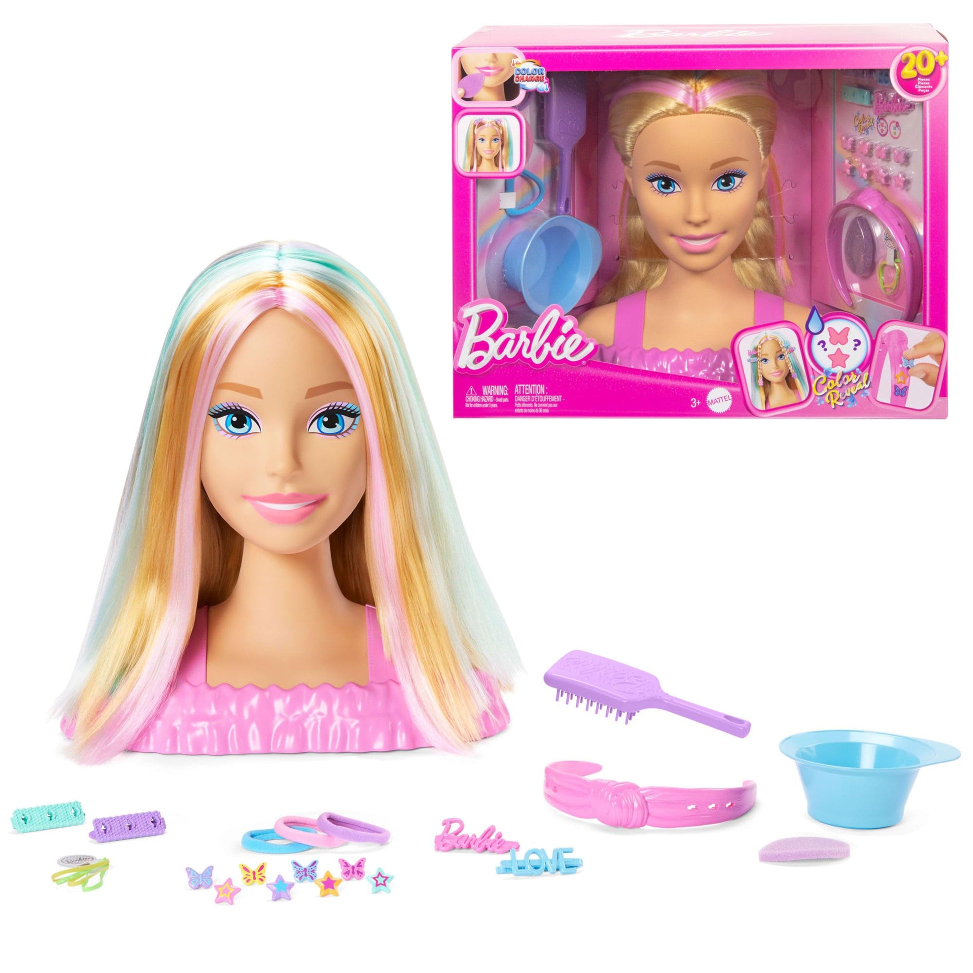 Barbie Doll Styling Head, Blonde Hair with 20+ Hair Styling Accessories Including Star & Butterfly Color Change Hair Clips Barbie