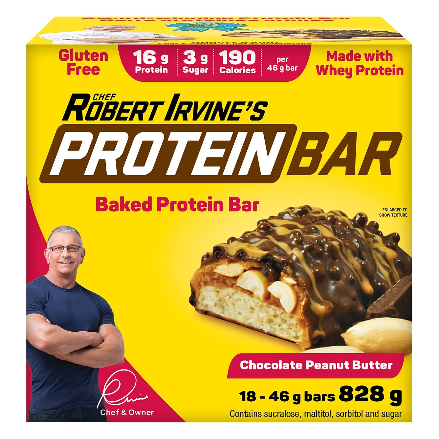 Chef Robert Irvine Protein Bar - Chocolate Peanut Butter Baked Bars, Gluten Free (18 Pack)