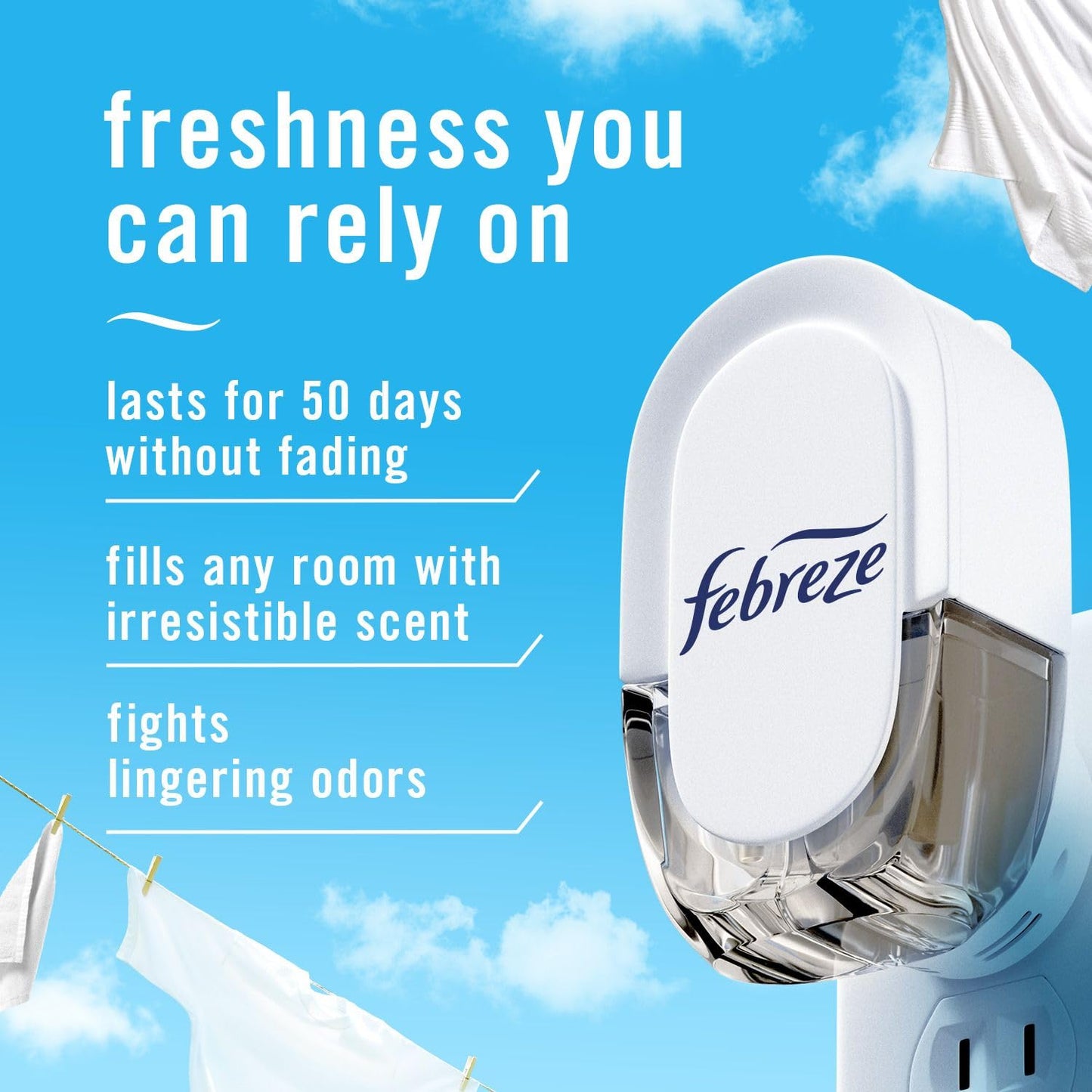 Febreze Plug In Air Freshener, Odor-Fighting Scented Oil Refill, Air Fresheners for Home and Bathroom and Kitchen, Long Lasting for Strong Odors, Linen & Sky Scent, 4 Count