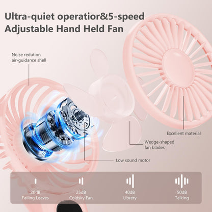 Xigmer Portable Fan, Handheld Fans 2-Pack, Mini Fan 5 Adjustable Speeds with Lanyard, Rechargeable Fans 180° Foldable for Makeup,Travel -Pink & Purple