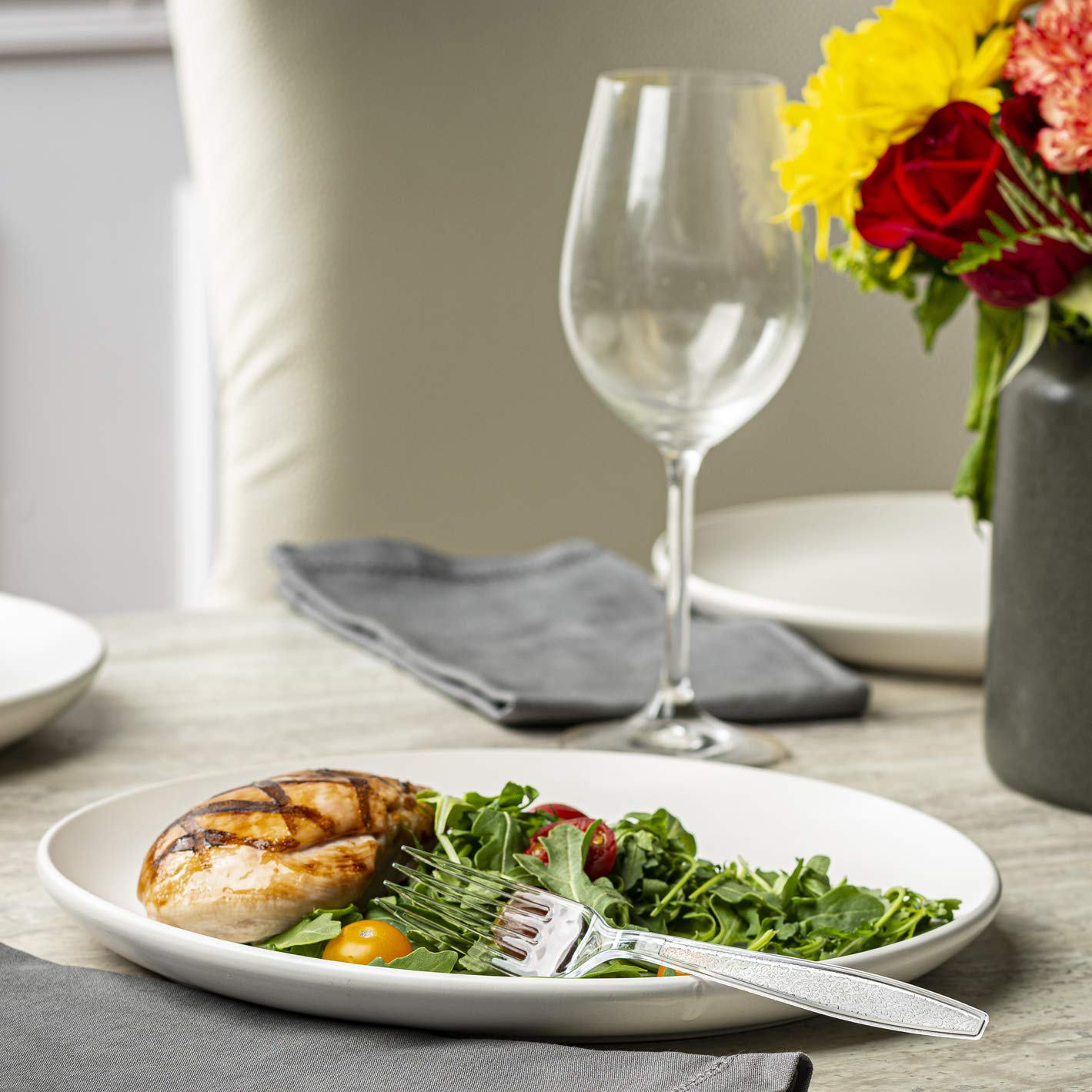 GUSTO [300 Pack] Heavyweight Clear Forks with Engraved Design - Reusable, Sturdy Cutlery Set for Parties, Weddings, and Events - Formerly Comfy Package - Available at All In One Marketplace Canada