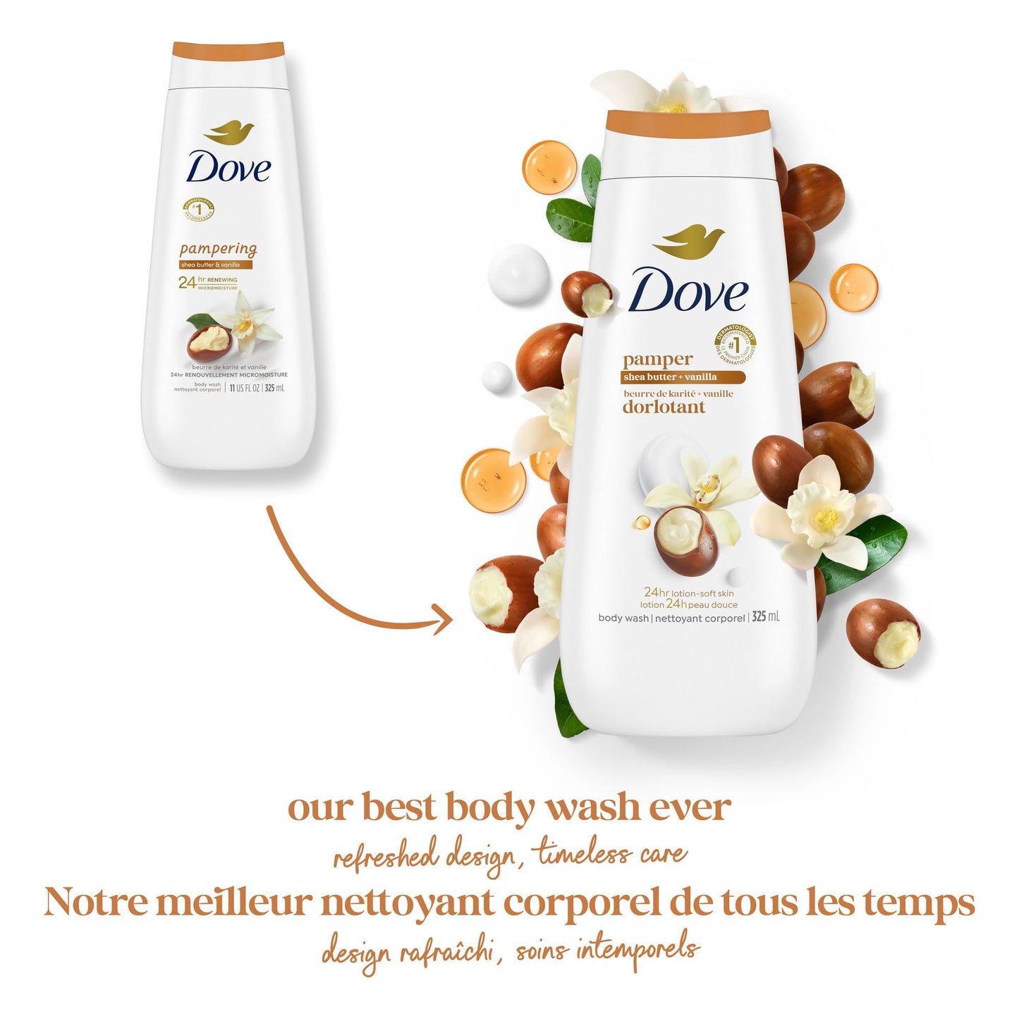 Dove Body Wash for Renewed, Healthy-Looking Skin, Pampering Shea Butter & Vanilla, Gentle Skin Cleanser with 24hr Renewing MicroMoisture, 325mL (Pack of 4)