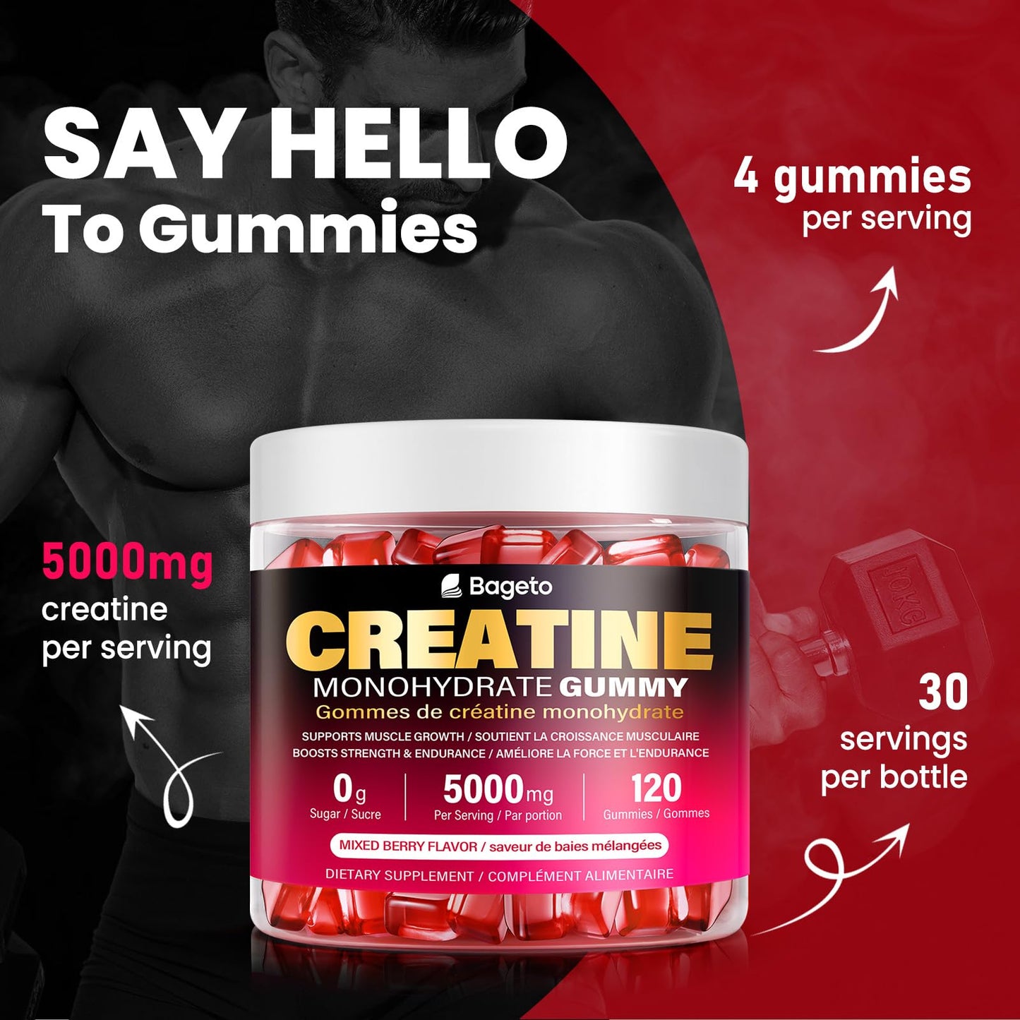 Creatine Monohydrate Gummies 5000mg for Men & Women, Gomitas de 5g Creatine Monohydrate,120 Pre Workout Gummies for Muscle Strength, Mixedberry (Pack of 1) - Available at All In One Marketplace Canada