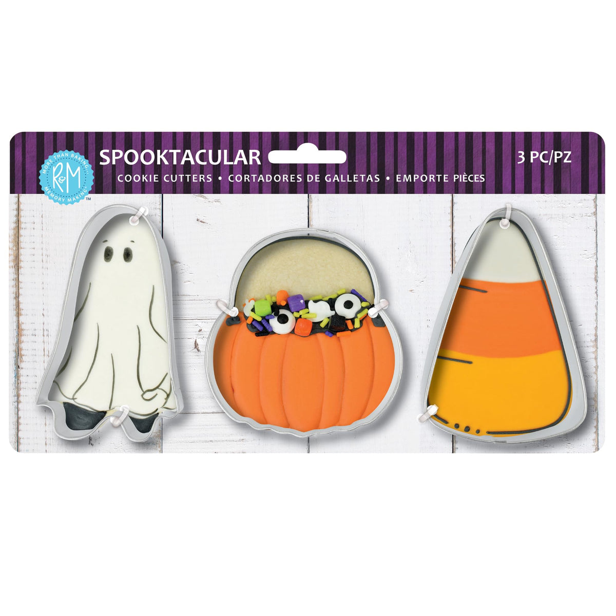 Ensemble de 3 emporte-pièces Halloween R&M en acier inoxydable – Inclut un fantôme, un seau à citrouille et un bonbon maïs