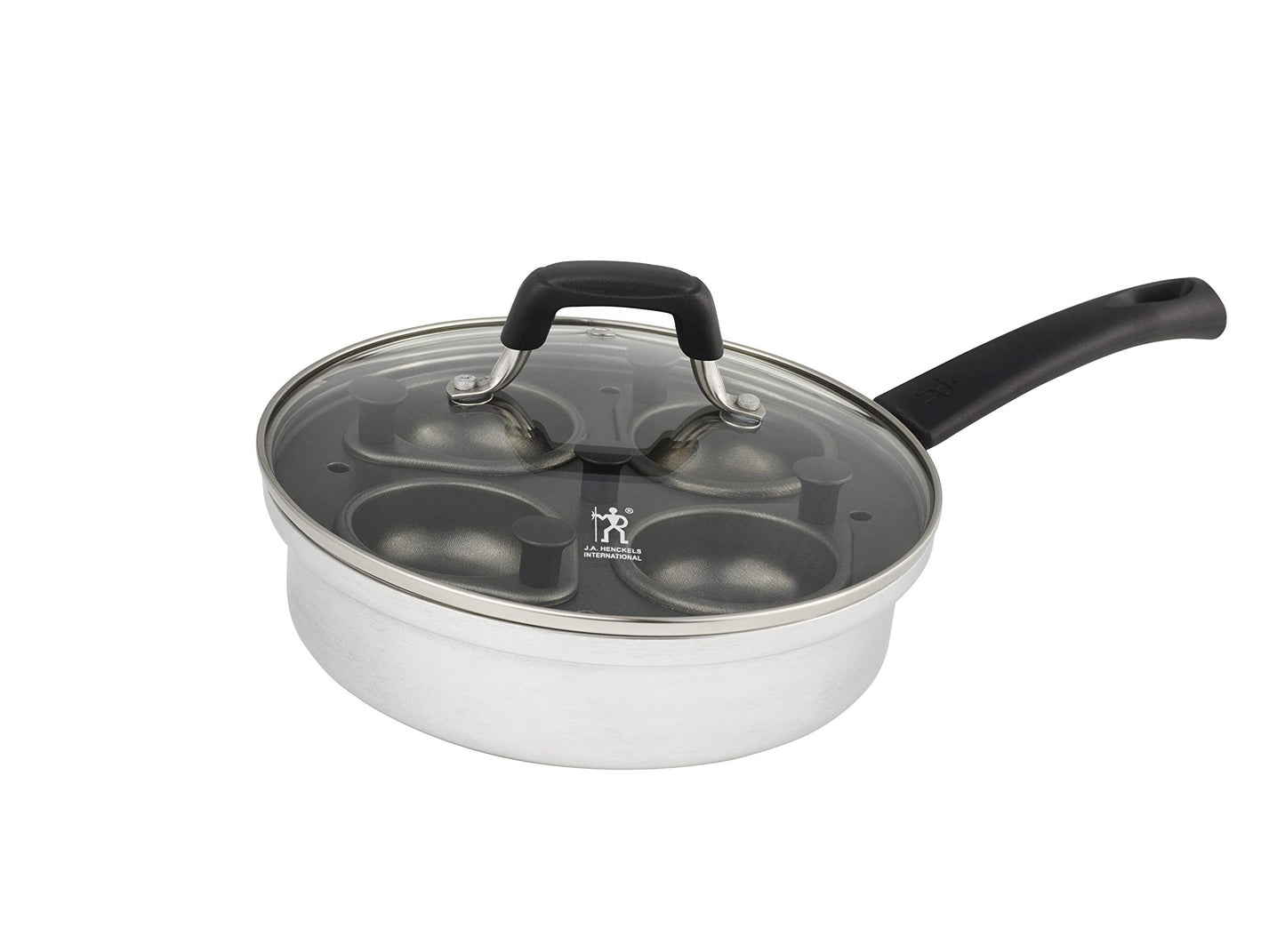HENCKELS Non-Stick 4 Cup Egg Poacher with Glass Lid, Silver, Black, HENCKELS