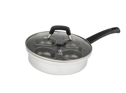 HENCKELS Non-Stick 4 Cup Egg Poacher with Glass Lid, Silver, Black, HENCKELS