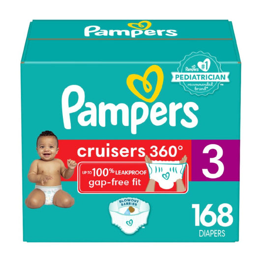 Pampers Diapers - Cruisers 360 degrees - Size 3, 168 Count, up to 100% Leakproof Fit, Designed for Active Babies, Pull On Diaper, EZ Off Tabs Designed for Easy Changes