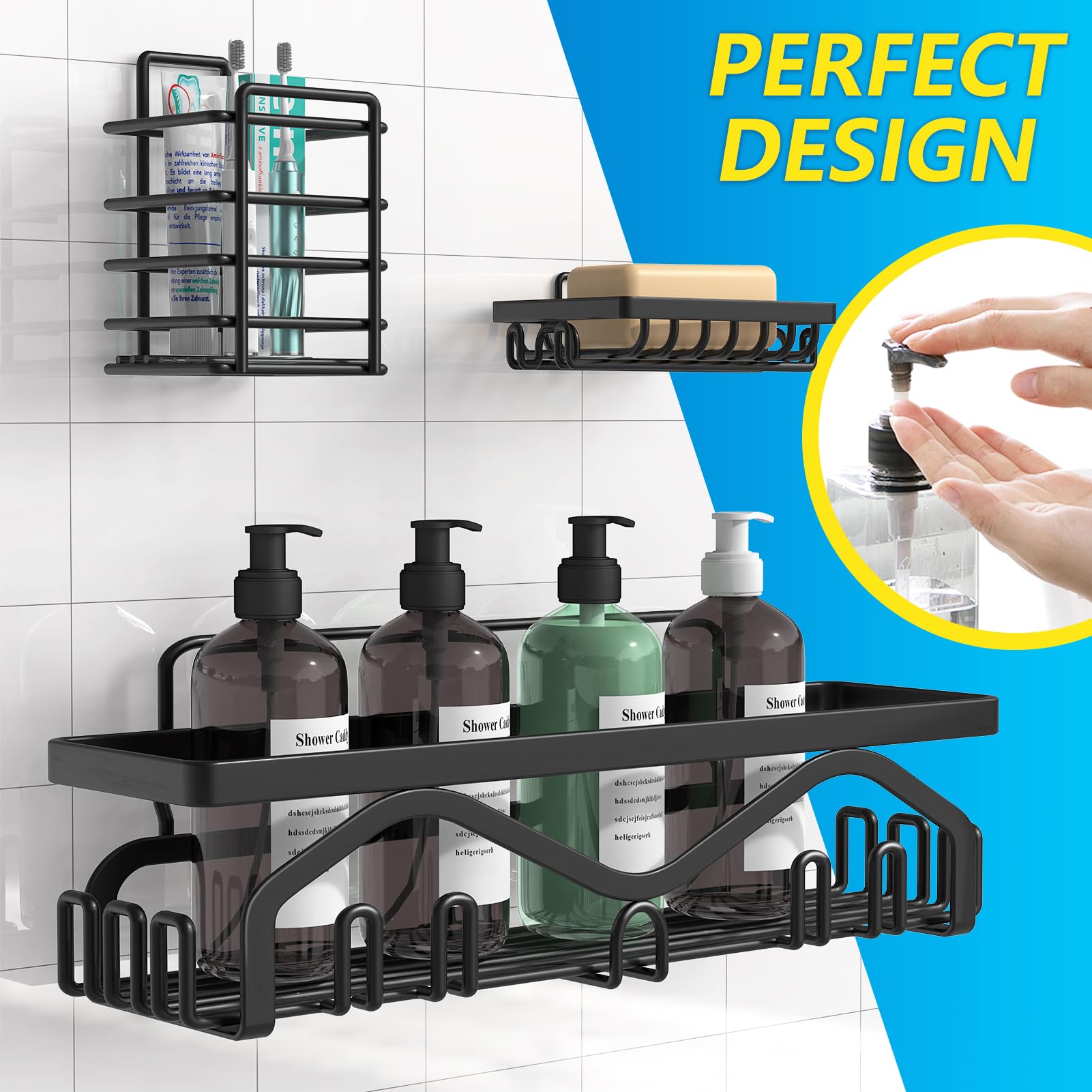 Coraje Adhesive Shower Caddy, 5-Pack Shower Shelves, Large Capacity Load Bearing 40 LBS Shower Organizer, No Drilling Shower Shelf, Rustproof Stainless Steel Bathroom Shower Storage, Black - Available at All In One Marketplace Canada