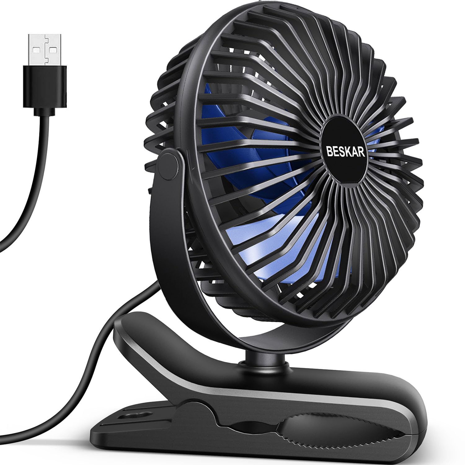 BESKAR USB Powered Clip on Fan, Portable Small Fan with Cord, 3 Speeds Strong Airflow, Personal Fan with Sturdy Clamp, Quiet Desk Fan & Clip Fan - Available at All In One Marketplace Canada