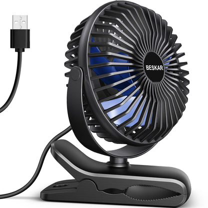 BESKAR USB Powered Clip on Fan, Portable Small Fan with Cord, 3 Speeds Strong Airflow, Personal Fan with Sturdy Clamp, Quiet Desk Fan & Clip Fan - Available at All In One Marketplace Canada