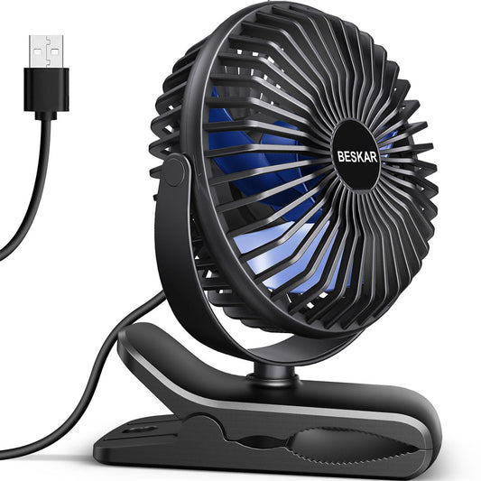 BESKAR USB Powered Clip on Fan, Portable Small Fan with Cord, 3 Speeds Strong Airflow, Personal Fan with Sturdy Clamp, Quiet Desk Fan & Clip Fan - Available at All In One Marketplace Canada