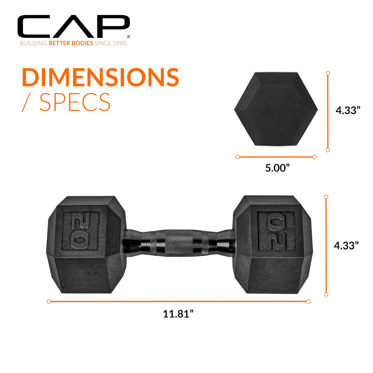 CAP 20lb Rubber Coated Hex Dumbbell, Black Grip, Free Weights, Pair