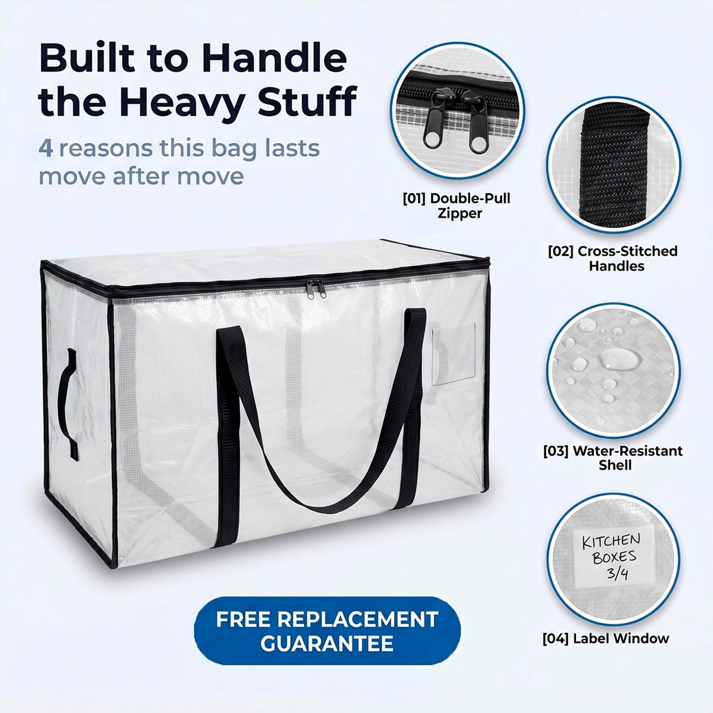 ClearSpace Oversized Moving Bags or Storage Bag – Large Moving Boxes with Backpack Straps, Zippers & Handles – Heavy-Duty Packing Bags, College Dorm, Christmas Decorations, 6 Pack