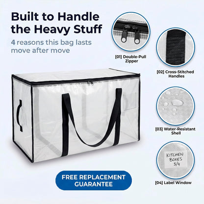 ClearSpace Oversized Moving Bags or Storage Bag – Large Moving Boxes with Backpack Straps, Zippers & Handles – Heavy-Duty Packing Bags, College Dorm, Christmas Decorations, 6 Pack