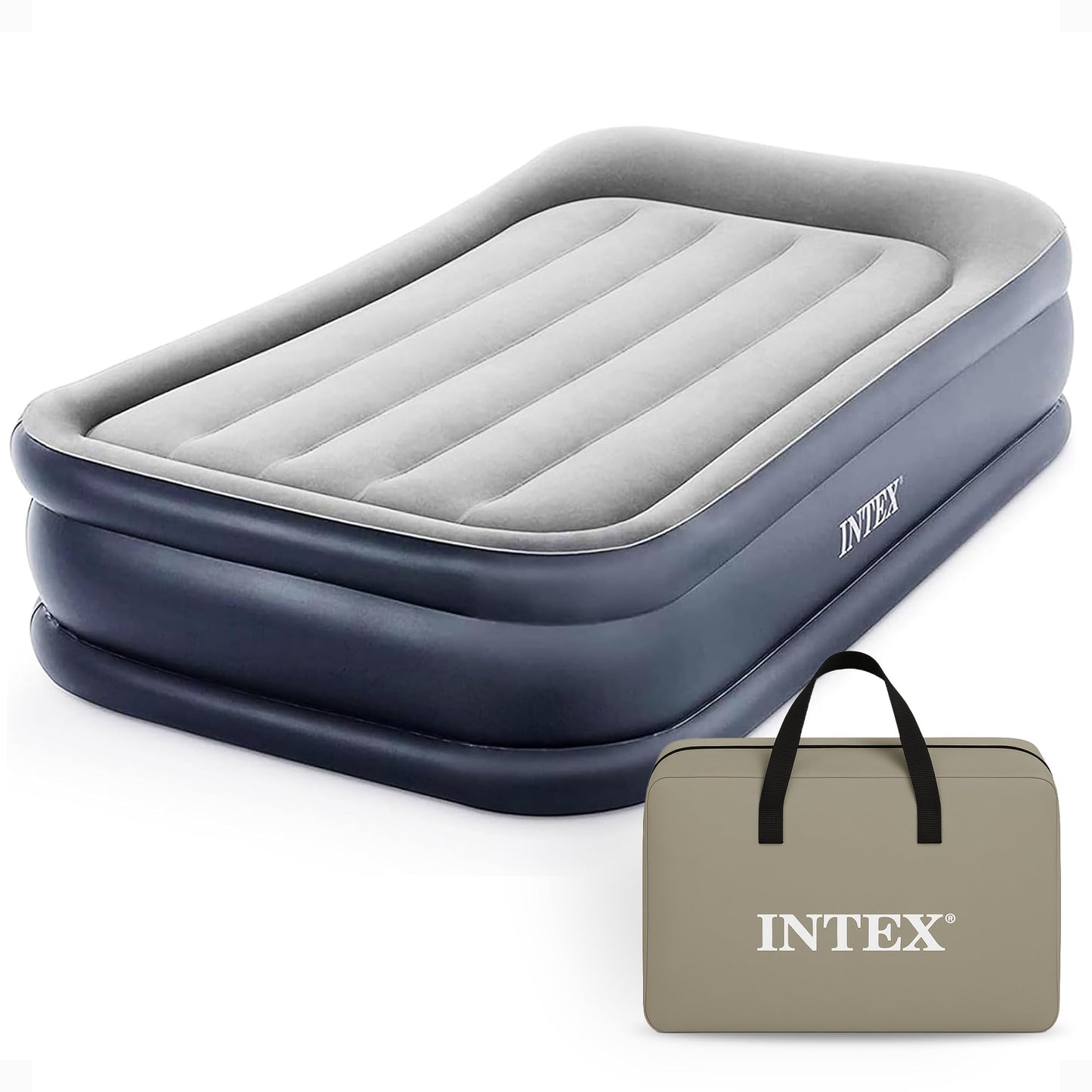 INTEX 64131ED Dura-Beam Plus Deluxe Pillow Rest Air Mattress: Fiber-Tech – Twin Size – Built-in Electric Pump – 16.5in Bed Height – 300lb Weight Capacity Intex