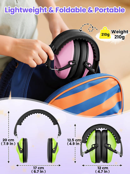 2 Pack Noise Cancelling Headphones for Kids: Dr.meter Kids Ear Protection Earmuffs for Autism Sensory - Hearing Protection Earmuffs for Monster Truck Concerts Study and Fireworks - (green+pink)