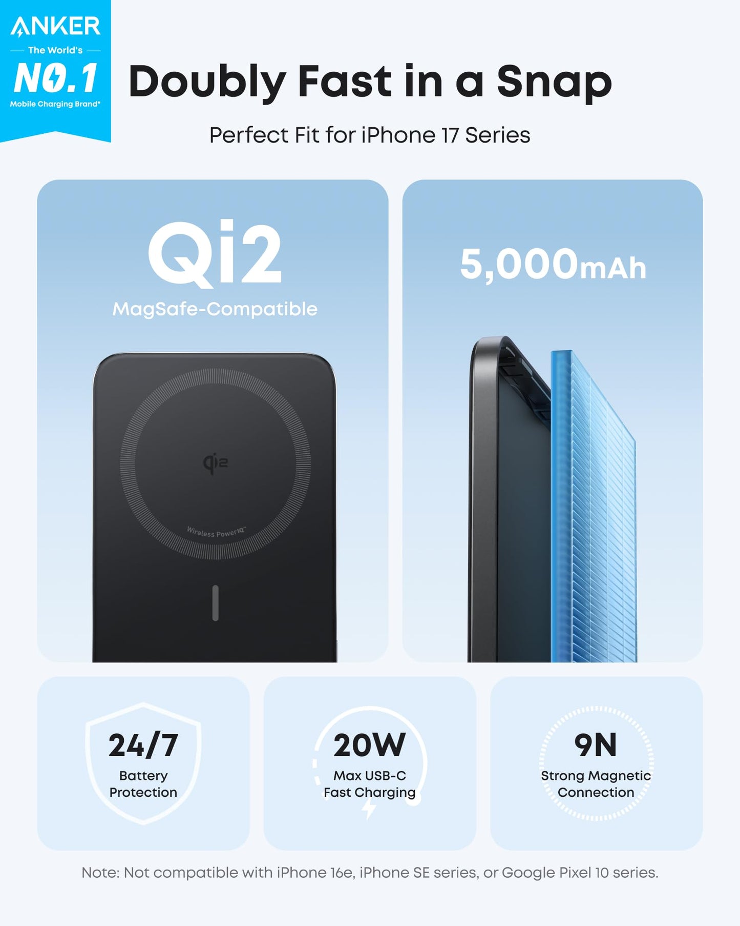 Anker Nano Power Bank, Ultra-Slim 5,000mAh Magnetic Battery Pack, Qi2 Certified 15W Max Ultra-Fast MagSafe-Compatible Portable Charger, Ergonomic Design, for iPhone Air/17/16/15 Series (Not for Pixel) - Available at All In One Marketplace Canada