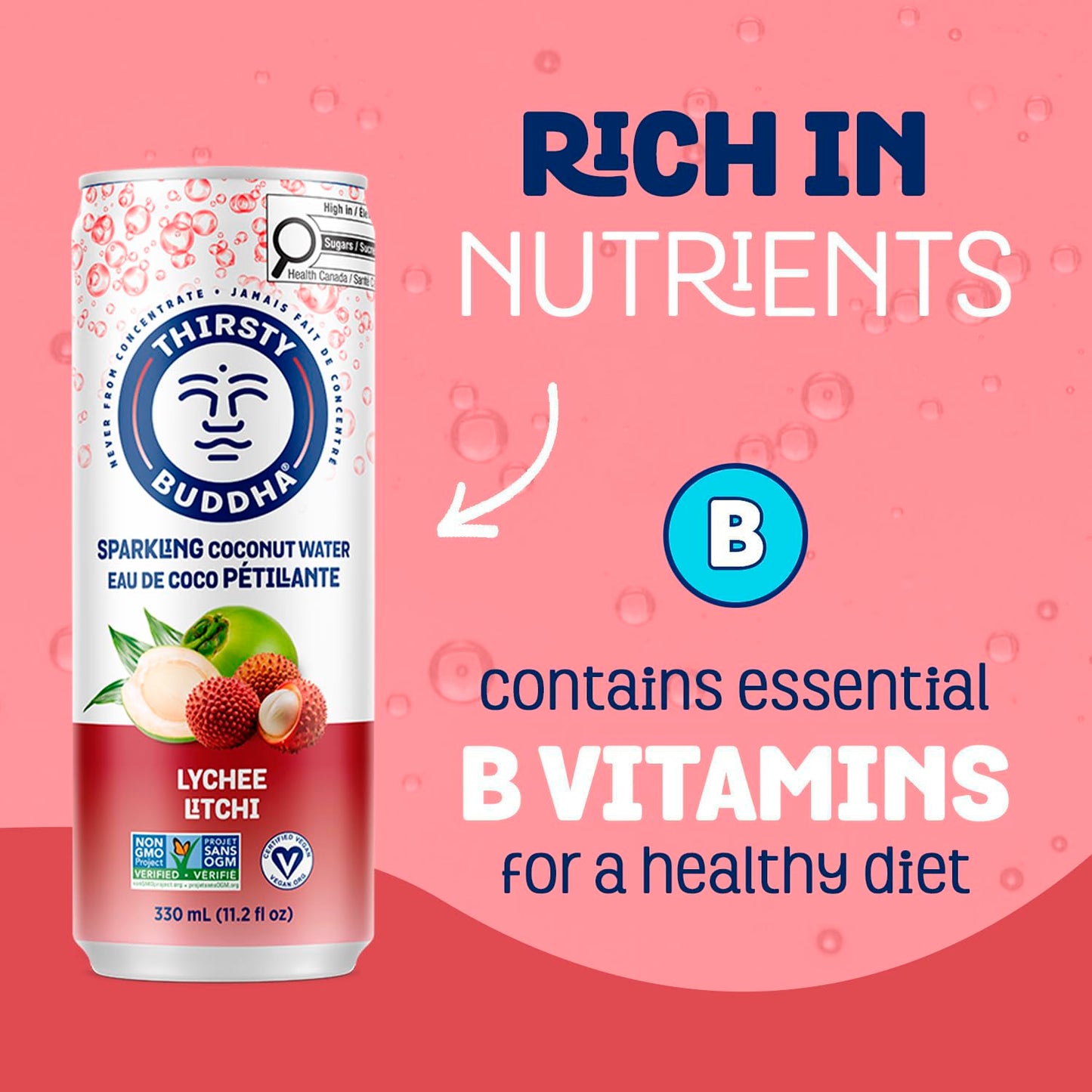 THIRSTY BUDDHA Sparkling Coconut Water with Lychee, No Added Sugar, Pure Coco Drink, Natural Fruit Flavour, Electrolyte & Nutrient-Rich, 12 Pack, (12/330ml)