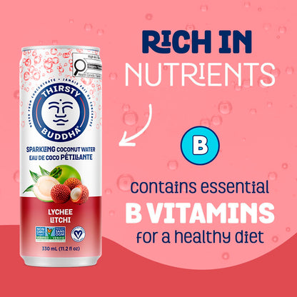 THIRSTY BUDDHA Sparkling Coconut Water with Lychee, No Added Sugar, Pure Coco Drink, Natural Fruit Flavour, Electrolyte & Nutrient-Rich, 12 Pack, (12/330ml)