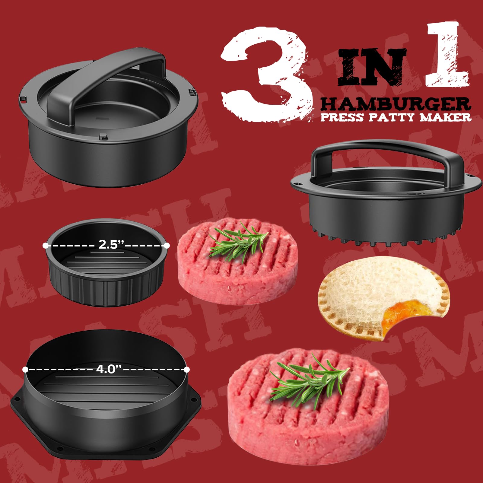 Grilliance 5pcs Smash Burger Press Kit, 3 in 1 Hamburger Press Patty Maker, Cast Iron Burger Press Round & Rectangle, 100pcs Wax Paper for Grill, Griddle, Flat top, Kitchen, Cooking - Available at All In One Marketplace Canada