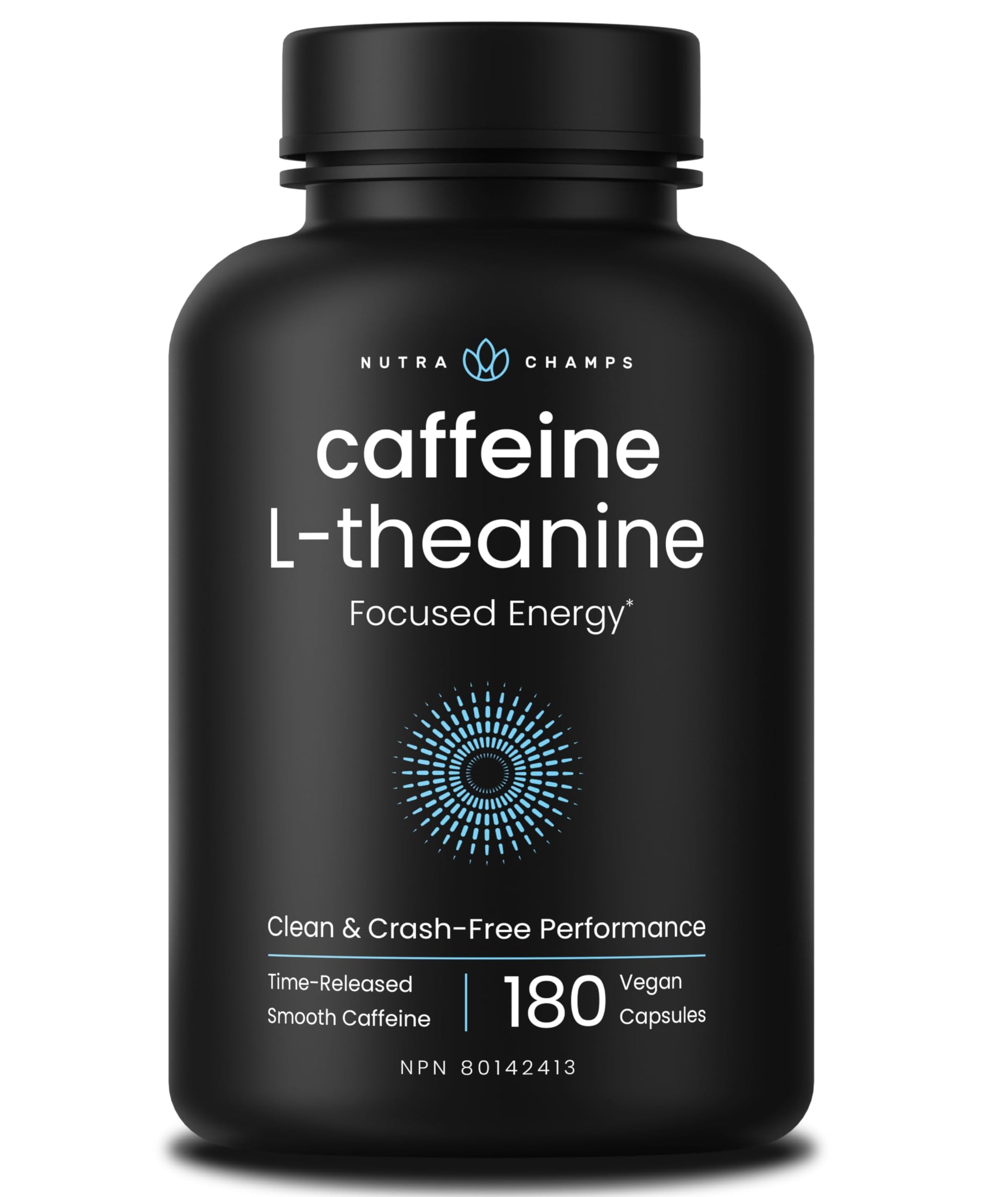 Caffeine Pills with L-Theanine - 180 Energy Pills for Women & Men - Clean & Long-Lasting Focused Energy - Sustained Release 100mg Caffeine + 200mg L Theanine - No Crash Capsules, Vegan Supplement - Available at All In One Marketplace Canada
