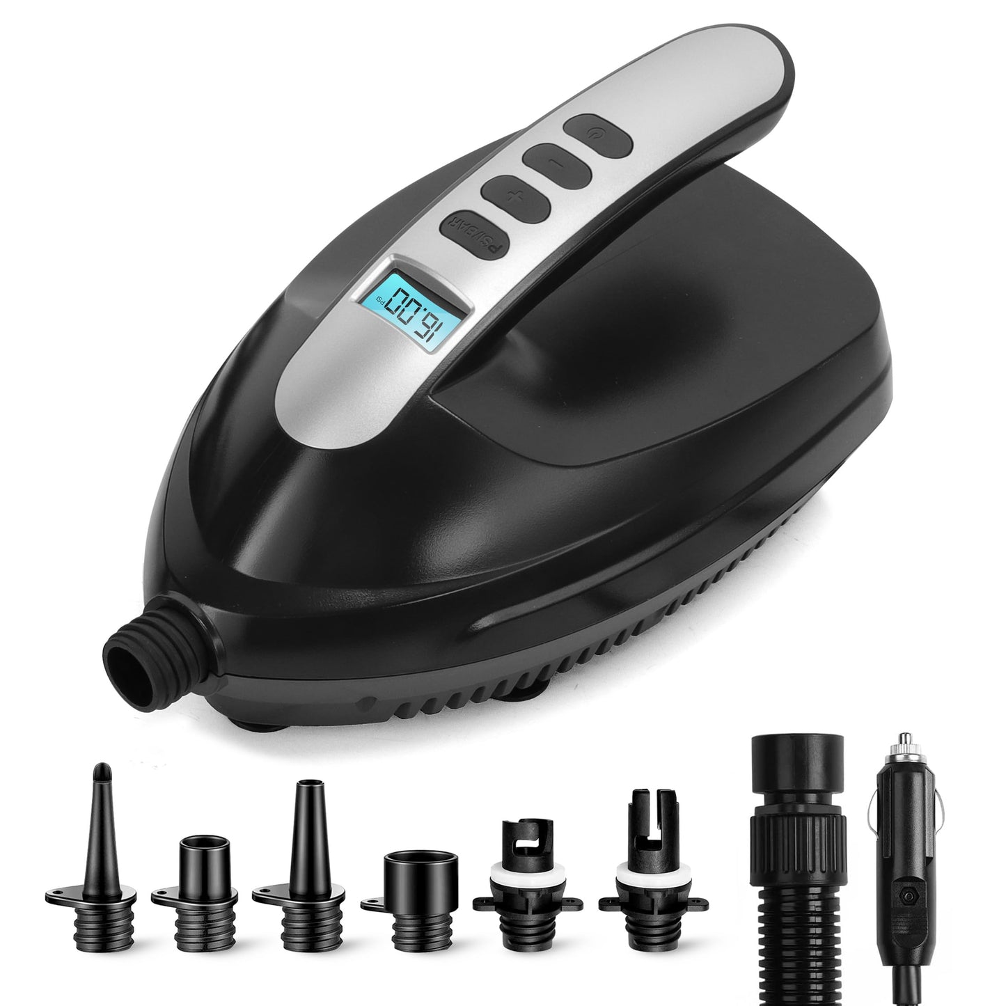 SereneLife Electric SUP Air Pump 16 PSI, Portable Paddle Board Air Compressor with Digital LCD Display, 12V DC Car Connector, Multiple Nozzle Adapters for SUPs, Boats & Inflatables SereneLife