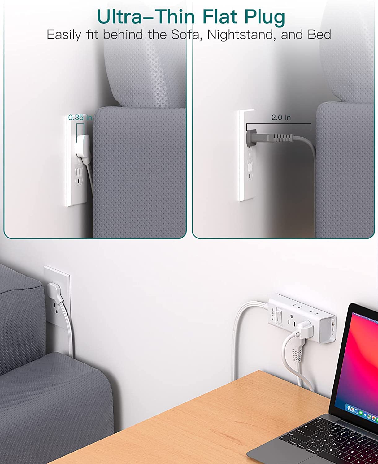 Travel Essentials - Flat Plug Power Bar, Addtam 5 ft Ultra Flat Extension Cord with 6 Outlets Extender, Multi Plug Outlet with No Surge Protector for Cruise Ship, Dorm Room, Home and Office Essentials