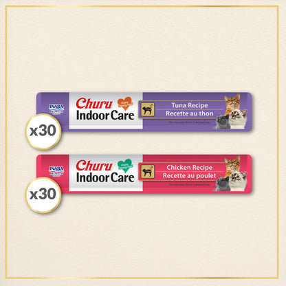 INABA Churu Indoor Care for Hairball Control, Functional Lickable Cat Treat with Taurine & Green Tea Extract, 14g Each, 60 Tubes Total, Tuna & Chicken Variety