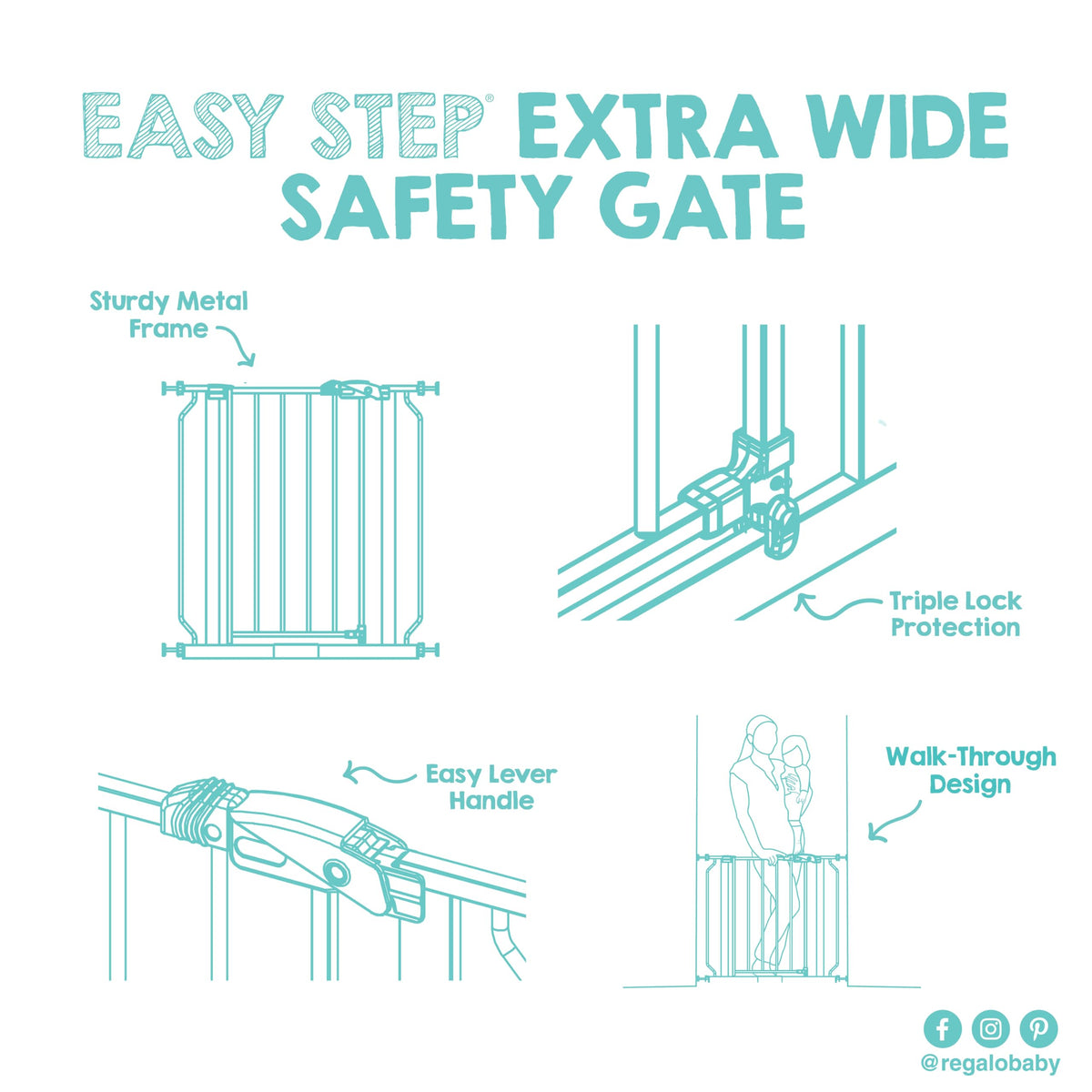 Regalo Easy Step 49-Inch Extra Wide Baby Gate, Includes 4-Inch and 12-Inch Extension Kit, 4 Pack of Pressure Mount Kit White
