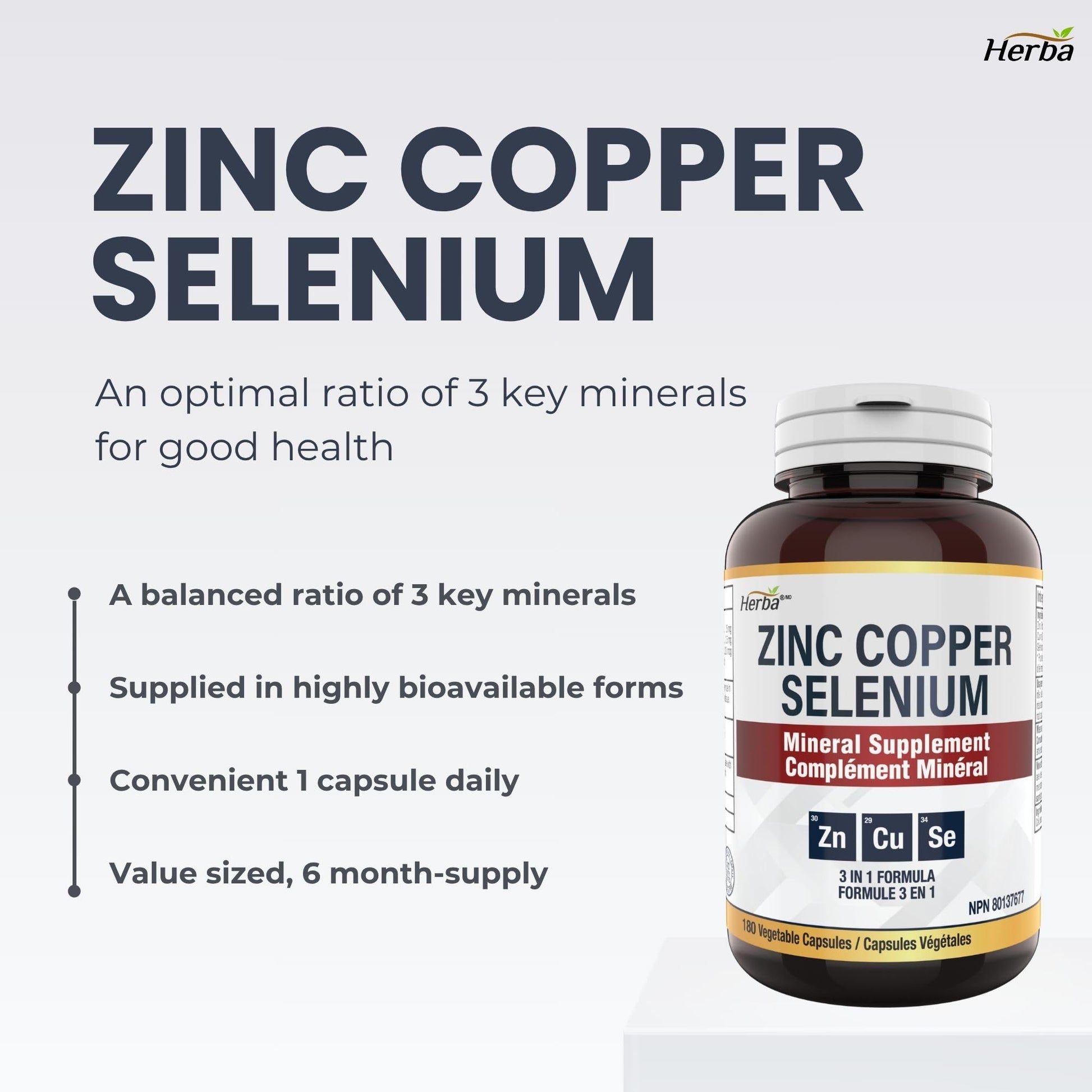 Herba Zinc Picolinate 25mg with Copper and Selenium - 180 Capsules | 3 in 1 Mineral Supplement | Selenium Zinc Copper Supplement | 6 Months Supply | Immune Support | Made in Canada - Available at All In One Marketplace Canada