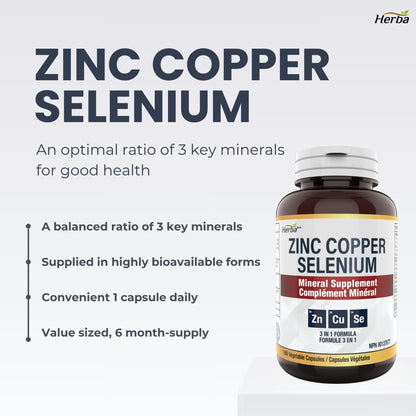 Herba Zinc Picolinate 25mg with Copper and Selenium - 180 Capsules | 3 in 1 Mineral Supplement | Selenium Zinc Copper Supplement | 6 Months Supply | Immune Support | Made in Canada - Available at All In One Marketplace Canada