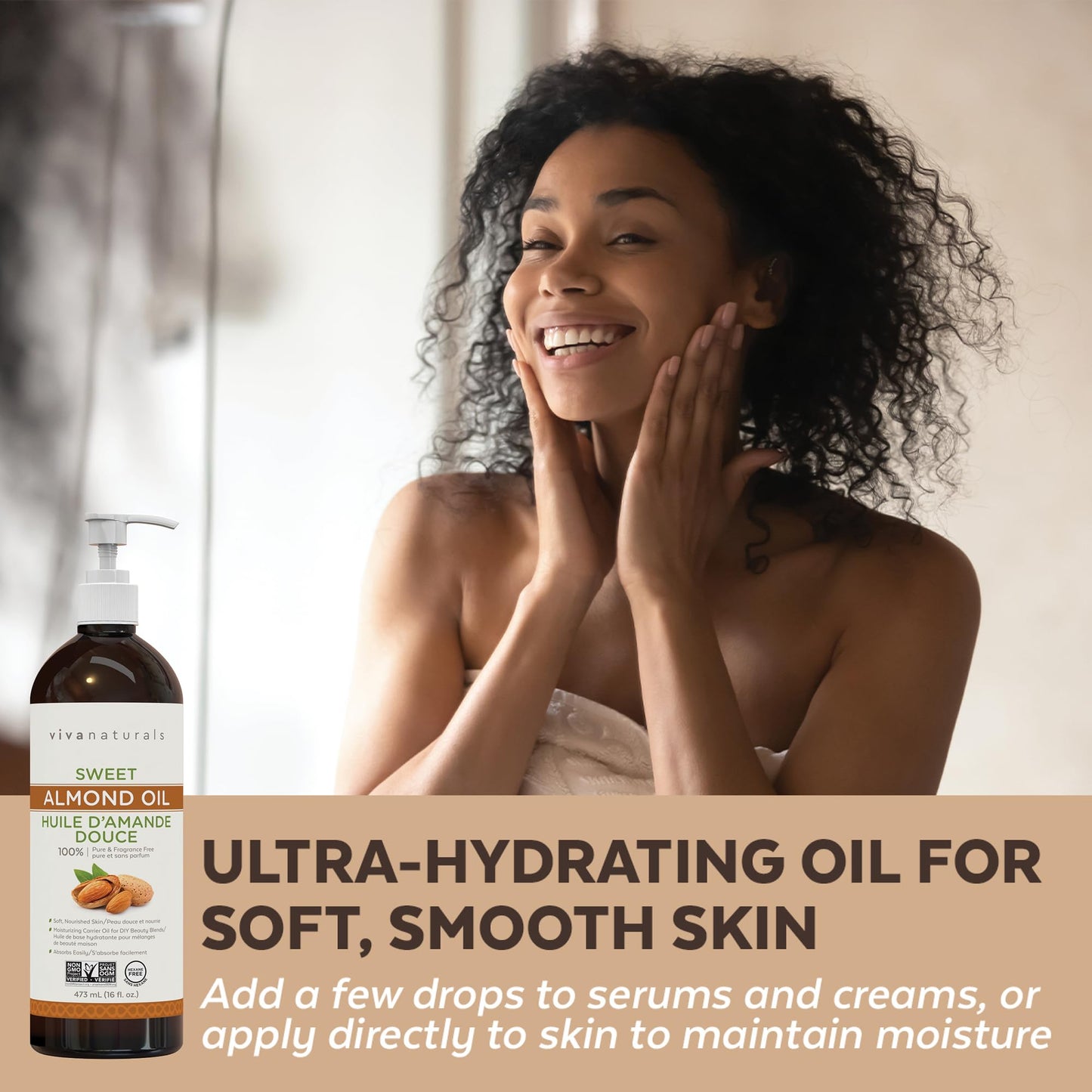 Viva Naturals Sweet Almond Oil – Almond Oil for Skin, Hair & Face, Body Oil After Shower, Body Oil for Dry Skin, Carrier Oil for Essential Oils & Almond Hair Oil, 16 fl oz - Available at All In One Marketplace Canada