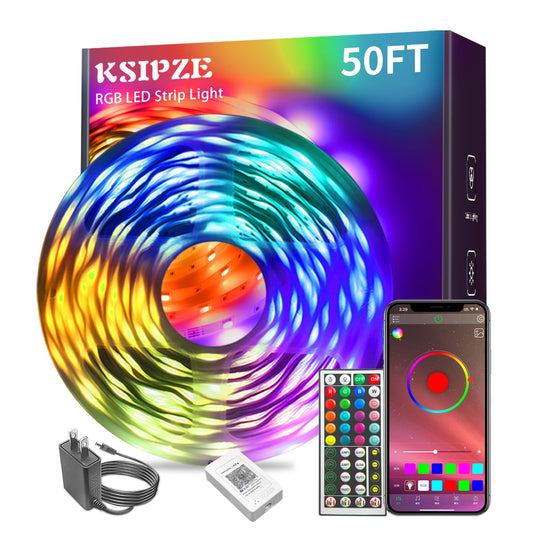 Ksipze 50ft led Lights Strip for Bedroom Smart Music Sync RGB Color Changing with App and Remote Control, Power Supply Led Strip Lights for Room Home Party Decoration