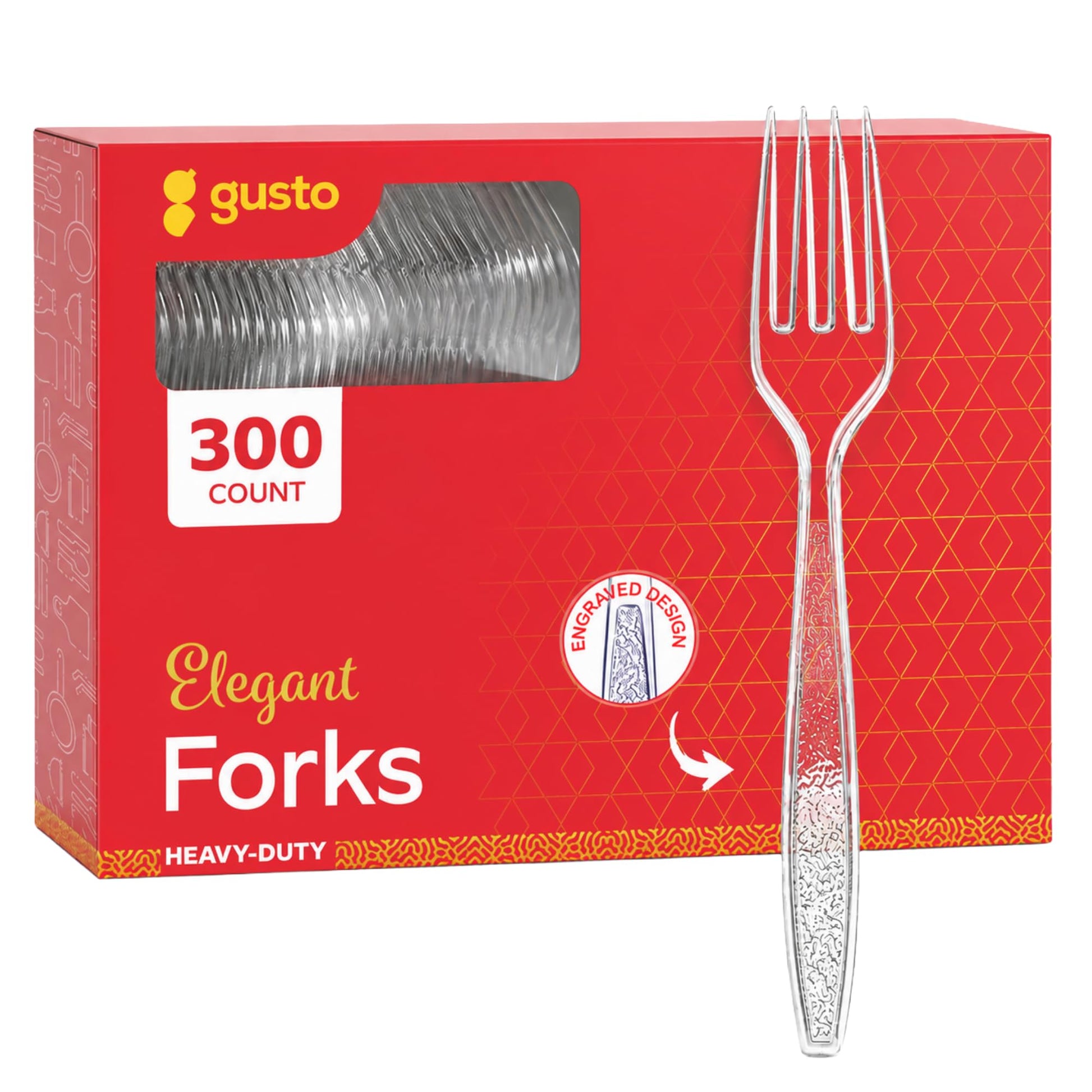 GUSTO [300 Pack] Heavyweight Clear Forks with Engraved Design - Reusable, Sturdy Cutlery Set for Parties, Weddings, and Events - Formerly Comfy Package - Available at All In One Marketplace Canada